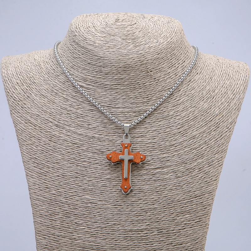Kreuzanhänger 50 x 30 mm – an einer Kette, Länge 65 cm, silberfarbenes Metall, Holz