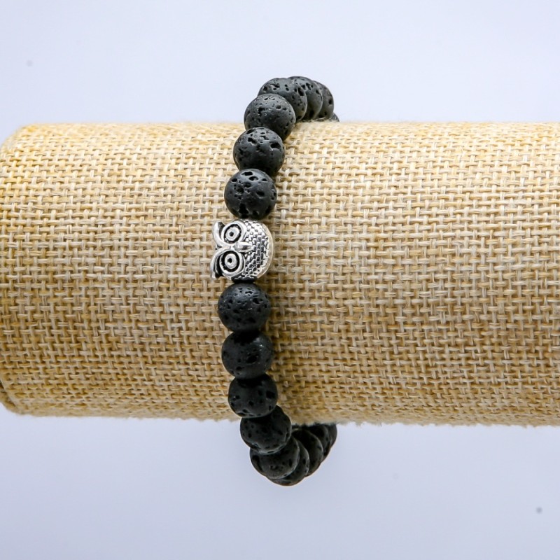 Elastisches Lavaperlen-Armband mit dekorativer Eule, Durchmesser ca. 8 mm