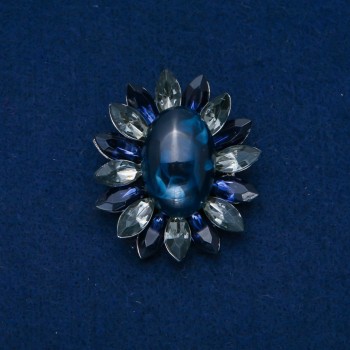 Brosche Blume 50 × 43 mm Cabochon-Achat, Farbe Blau, Grau, silberfarbenes Metall