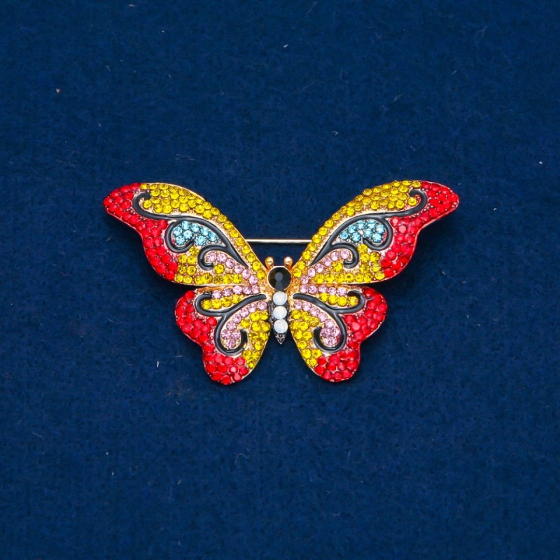 Ausverkauf! Brosche Schmetterling mit bunten Strasssteinen, goldfarbenes Metall 35×58 mm +