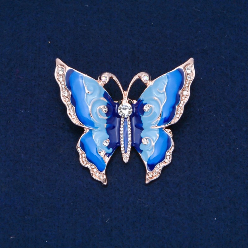 Ausverkauf! Brosche Schmetterling, weiße Strasssteine, hellblaue und dunkelblaue Emaille, goldfarbenes Metall 47×52 mm +