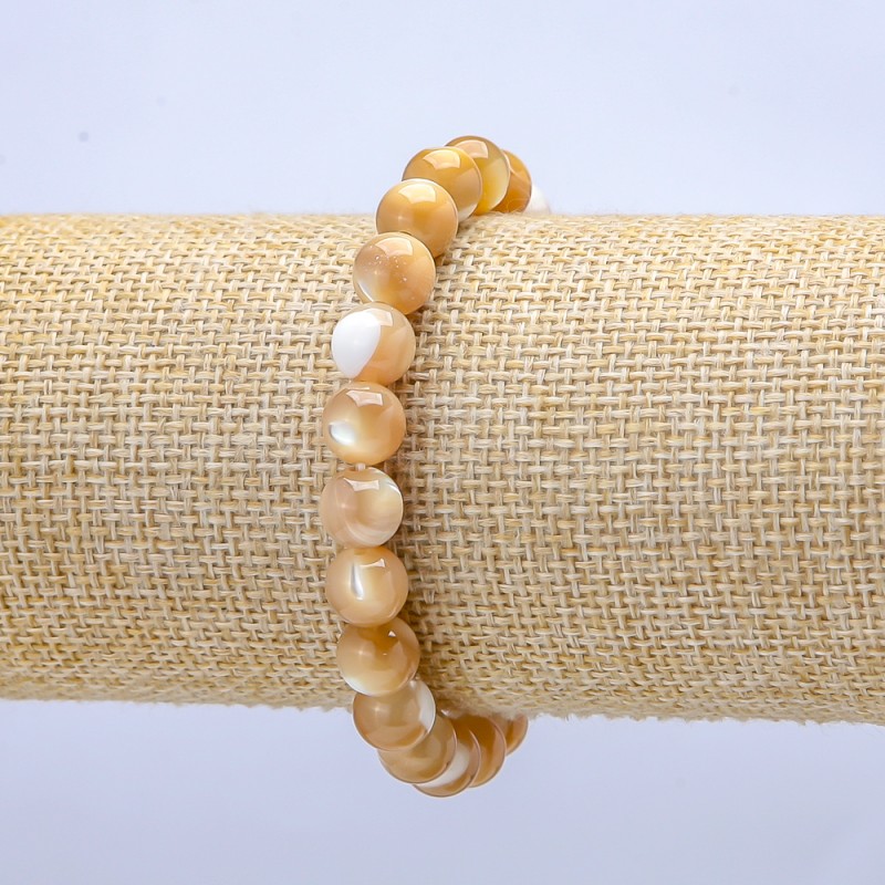 Elastisches Armband aus natürlichem Perlmutt – beige, glatte Kugel, Durchmesser ca. 6 mm, Länge ca. 18 cm
