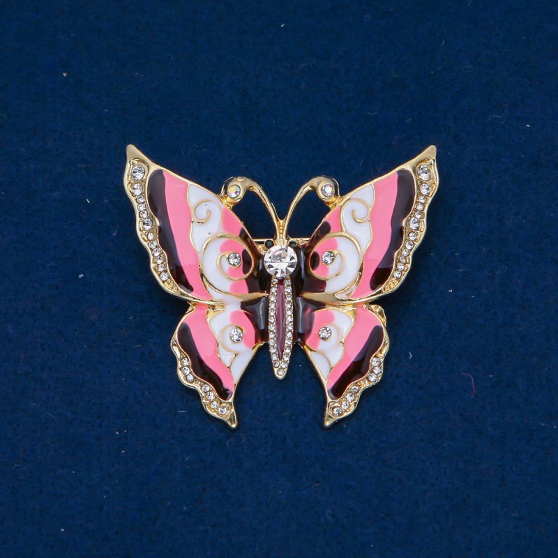 Ausverkauf! Brosche Schmetterling aus goldfarbenem Metall, Emaille, weiße Strasssteine 46x52 mm +