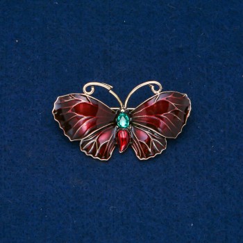 Ausverkauf! Brosche Schmetterling aus goldfarbenem Metall, Emaille, grünem Strassstein 48×27 mm +