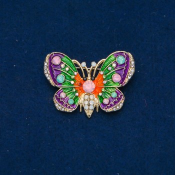 Ausverkauf! Brosche Schmetterling aus goldfarbenem Metall, Emaille, rosa, grün und weiße Strasssteine 44×30 mm +