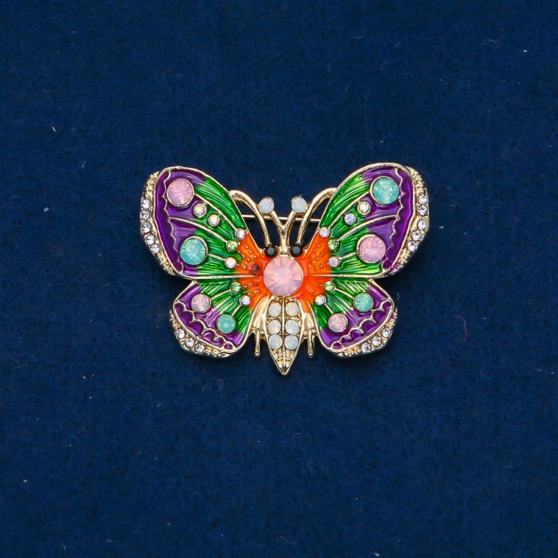 Ausverkauf! Brosche Schmetterling aus goldfarbenem Metall, Emaille, rosa, grün und weiße Strasssteine 44×30 mm +