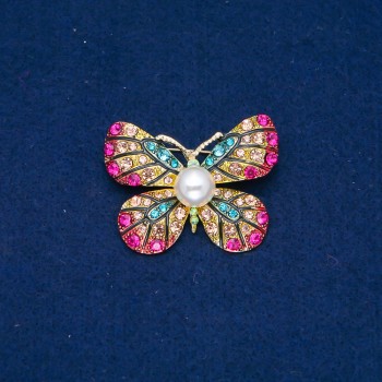 Ausverkauf! Brosche Schmetterling aus goldfarbenem Metall, bunte Strasssteine und Perle 33×42 mm +
