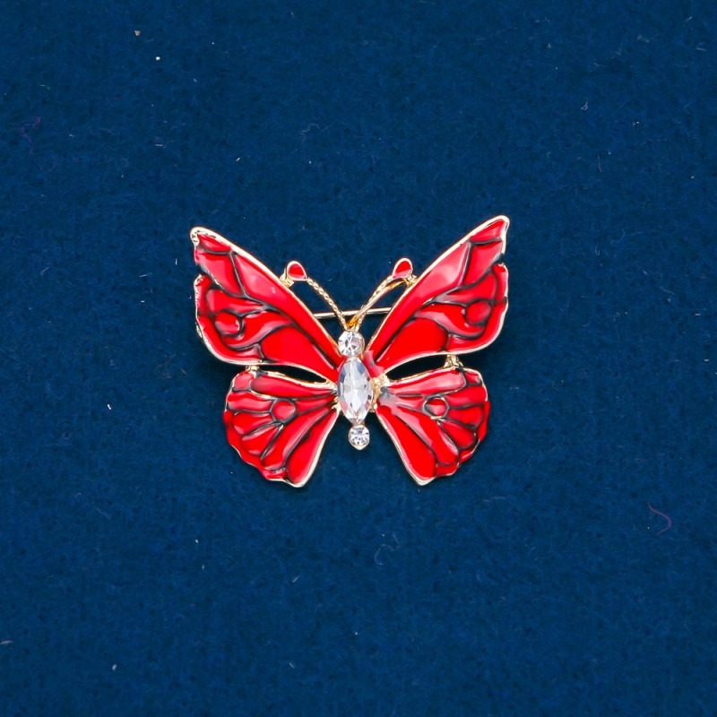 Ausverkauf! Brosche Schmetterling mit goldfarbenem Metall, roter Emaille und weißen Kristallen 32×37 mm +