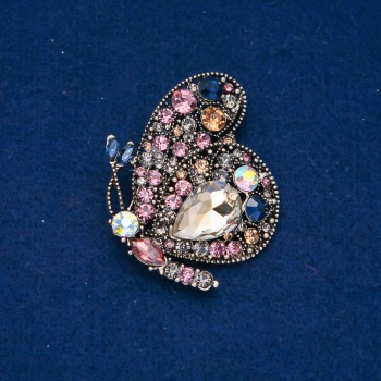 Ausverkauf! Brosche Schmetterling aus goldfarbenem Metall, bunte Strasssteine und Kristalle 43 × 48 mm +