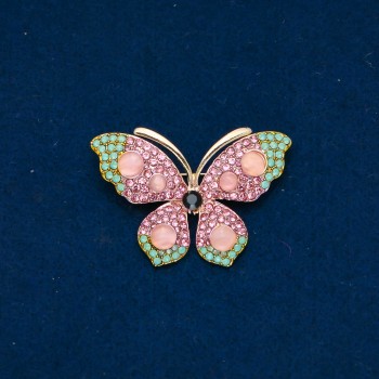 Ausverkauf! Brosche Schmetterling aus goldfarbenem Metall, rosa- und türkisfarbene Strasssteine und rosa Perlen 34×48 mm +