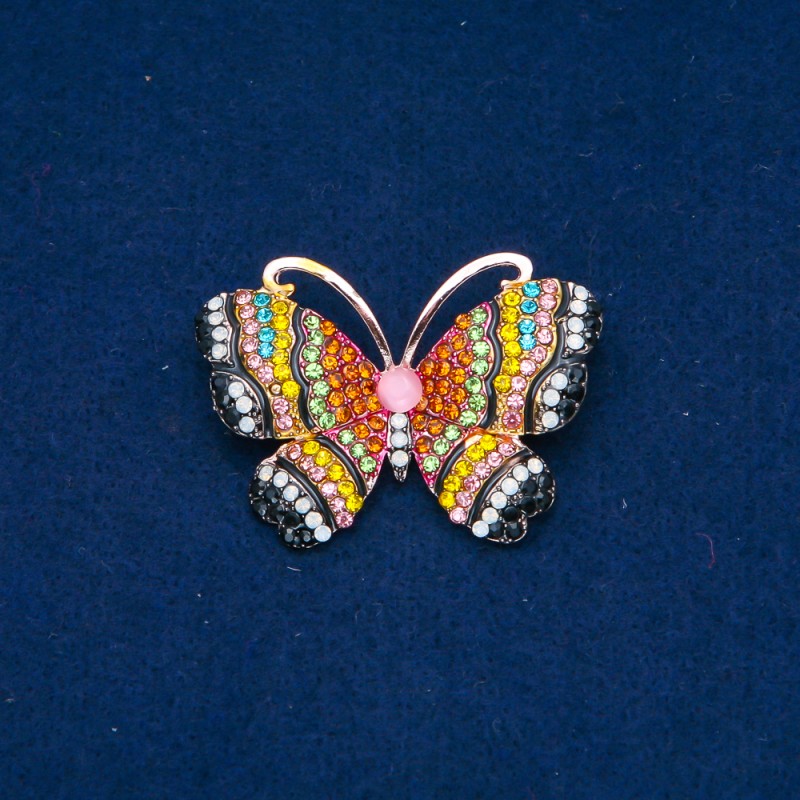Ausverkauf! Brosche «Schmetterling» aus goldfarbenem Metall, bunte Strasssteine und Perle 34×45 mm +