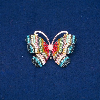 Ausverkauf! Brosche Schmetterling aus goldfarbenem Metall, bunte Strasssteine und Perle 34×45 mm +