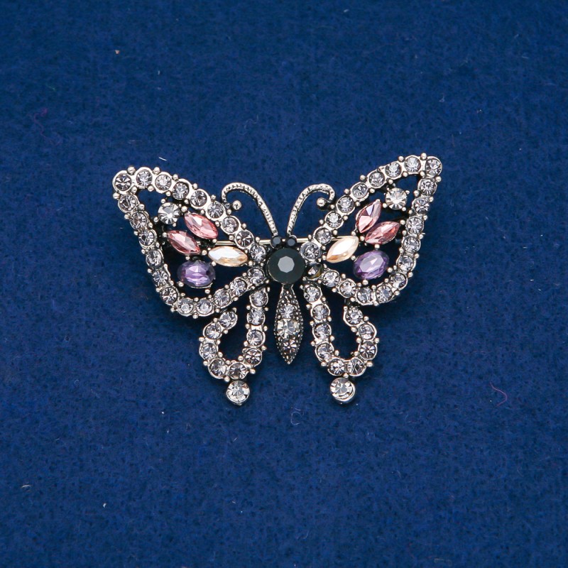 Ausverkauf! Brosche Schmetterling aus goldfarbenem Metall, graue, violette, rosa und gelbe Strasssteine 38×52 mm +