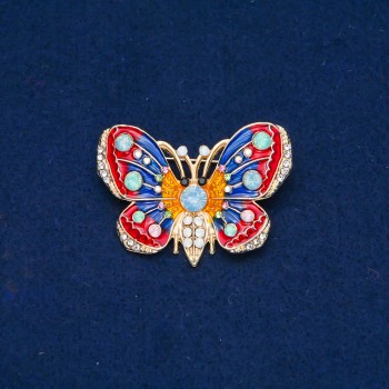 Ausverkauf! Brosche Schmetterling aus goldfarbenem Metall, Emaille und Strasssteinen in Weiß, Blau, hellgrün und Rosa 30 × 45 mm +