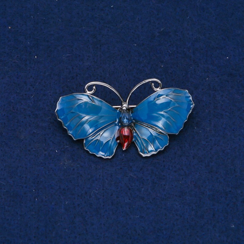 Ausverkauf! Brosche Schmetterling aus Silbermetall, Emaille, blauer Strassstein 48 × 27 mm +