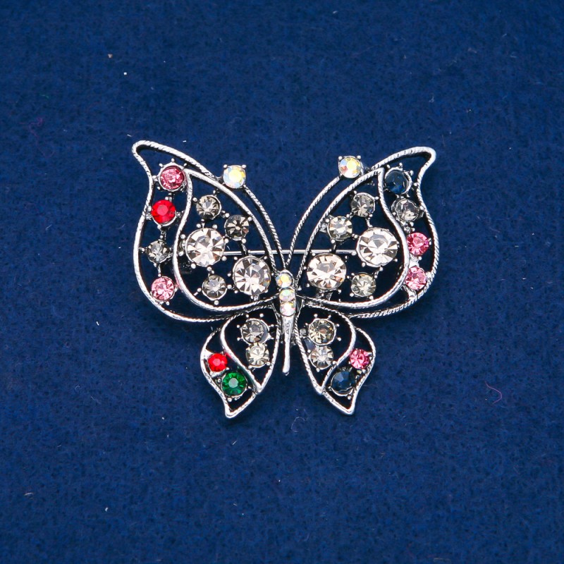 Ausverkauf! Brosche Schmetterling silberfarbenes Metall, rosa-, grau- und petrolfarbene Strasssteine 46×52 mm +