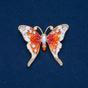 Ausverkauf! Brosche Schmetterling aus goldfarbenem Metall, Emaille und weißen Strasssteinen 43×52 mm +