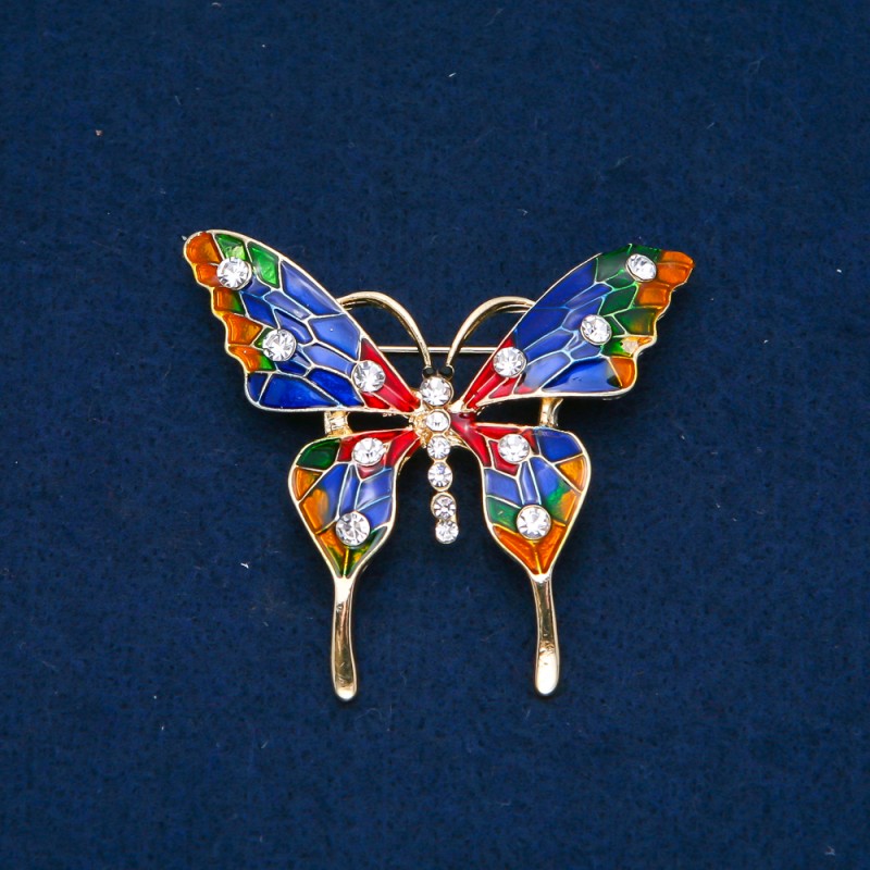 Ausverkauf! Schmetterlingsbrosche aus goldfarbenem Metall, Emaille und weißen Strasssteinen 48×54 mm +