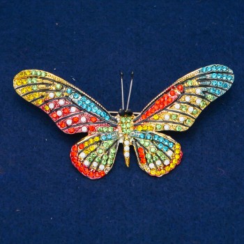 Ausverkauf! Brosche Schmetterling aus goldfarbenem Metall, bunte Strasssteine 43×82 mm +