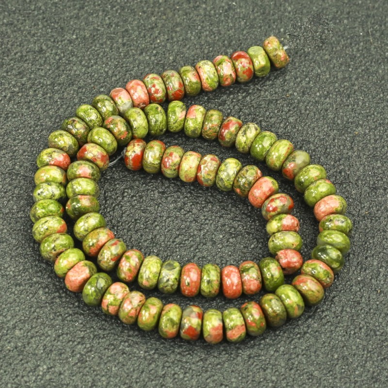 Perlen auf einer Schnur aus Naturstein: Jaspis, Heliotrop und Unakit, glatte Rondell-Perlen, Durchmesser 8×5 mm, Länge ca. 40 cm +