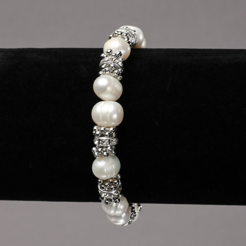 Elastisches Armband aus Flussperlen mit silbernen Einsätzen und Strasssteinen, Durchmesser 8 mm +/-, Länge 18 cm +/-