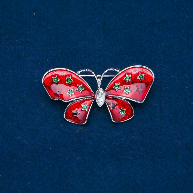 Sale! Schmetterling-Brosche aus goldfarbenem Metall, Emaille und weißem Strassstein 48 × 24 mm +