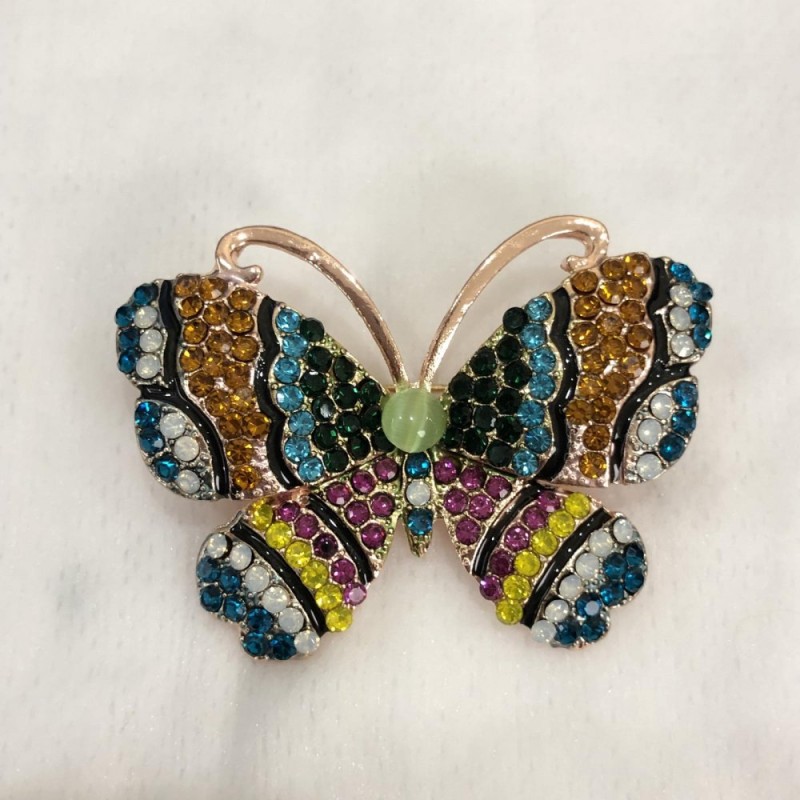 Sonderangebot! Brosche Schmetterling mit roségoldfarbenem Metall, vielfarbigen Strasssteinen und grüner Glasperle 46×34 mm +