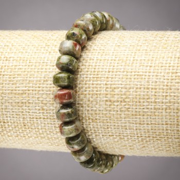 Armband auf elastischem Gummiband aus Natursteinen: Jaspis, Heliotrop, Unakit, glatte Rondellen, Durchmesser 9×7 mm+