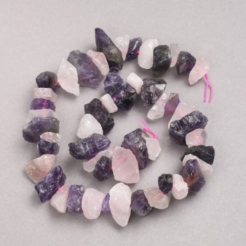Nugget-Perlen aus Rosenquarz und Amethyst, auf Faden, unregelmäßige Form, Durchmesser ca. 12×20 mm, Länge ca. 42 cm