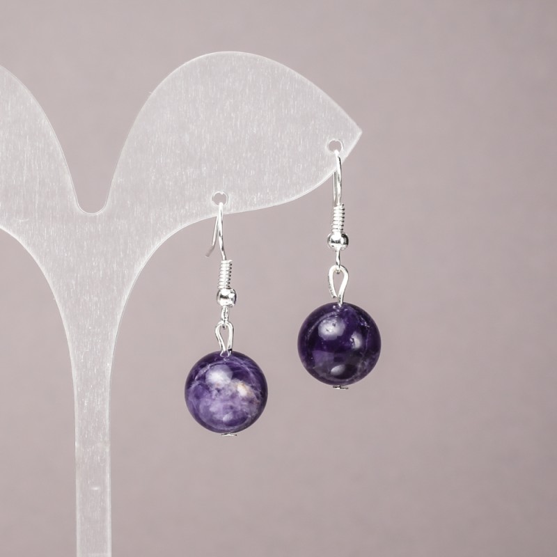 Ohrringe aus Naturamethyst – glatte Kugel, Durchmesser ca. 12 mm, Länge ca. 33 mm