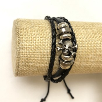 Armband aus Öko-Leder mit Schädel-Motiv, verstellbar, Länge 18–24 cm, schwarz
