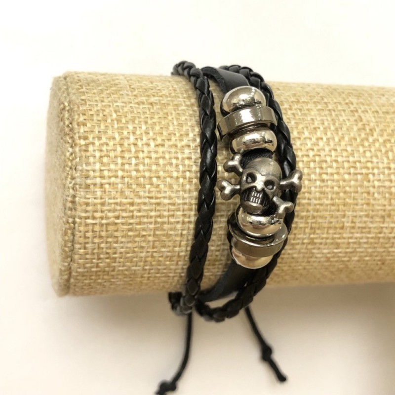 Armband aus Öko-Leder mit Schädel-Motiv, verstellbar, Länge 18–24 cm, schwarz