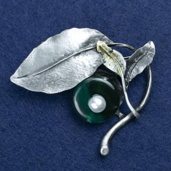 Ausverkauf! Brosche Zweig mit Chrysopras und Perle, silberfarbenes Metall 60×67 mm +