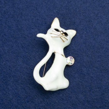Ausverkauf! Katzenbrosche aus goldfarbenem Metall, Emaille und Kristall 50×30 mm +
