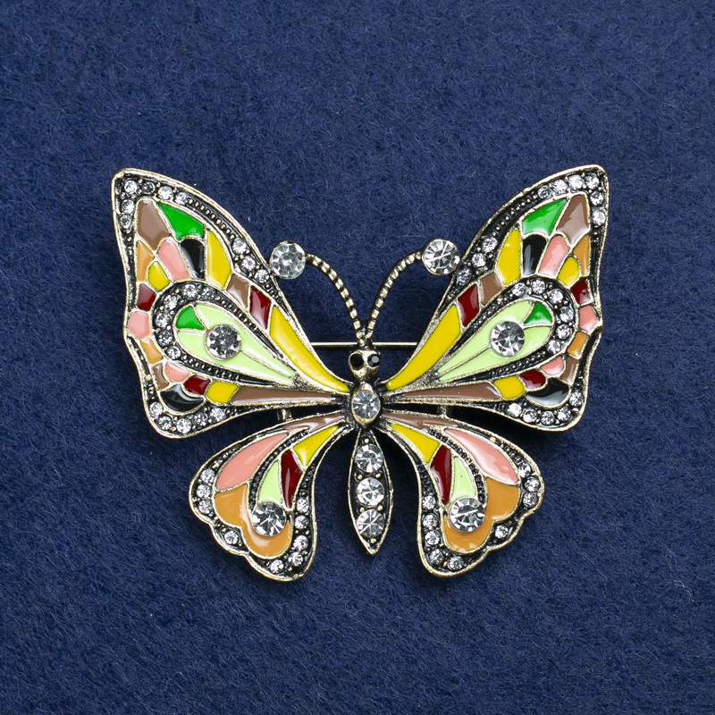 Sale! Brosche „Schmetterling“ aus goldfarbenem Metall, Emaille und Strasssteinen 54×45 mm +