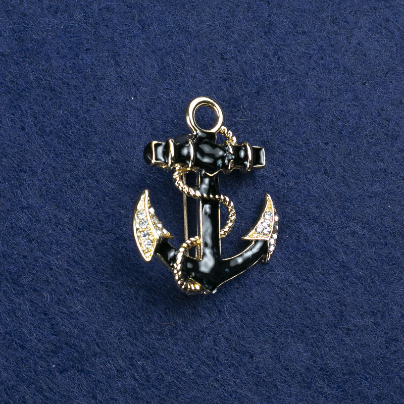 Sale! Brosche Anker goldfarbenes Metall, Emaille mit Perlmutteinlagen und Strasssteinen 31×26 mm +