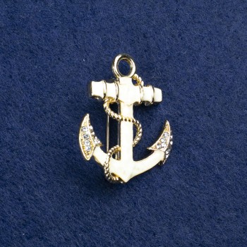 Ausverkauf! Brosche «Anker» goldfarbenes Metall, Emaille mit Perlmutt-Einschlüssen und Strasssteinen 31×26 mm +