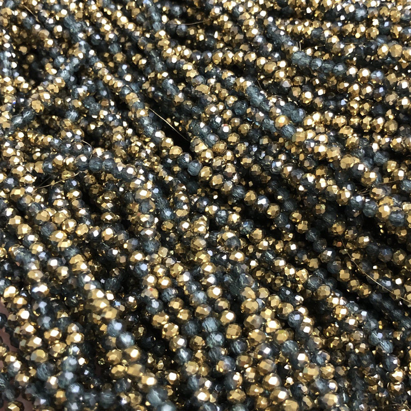 Perlen aus tschechischem Kristall auf Schnur – assortiert, grau-transparent + goldfarbene Beschichtung, facettiertes Rondell, Durchmesser 3×2,5 mm, Länge 36 cm