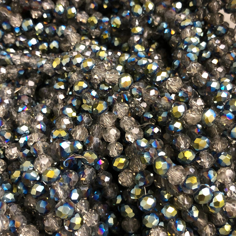 Perlen Tschechischer Kristall grau gemischt, transparent mit Beschichtung, facettierte Rondellperle, Durchmesser ca. 6×4,5 mm, Länge 38–40 cm +