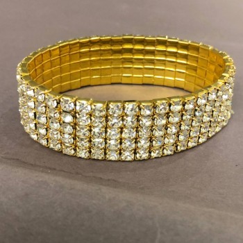 Elastisches Armband mit fünf Reihen Strasssteinen, weiße Strasssteine, goldfarbenes Metall, Umfang 16–17 cm