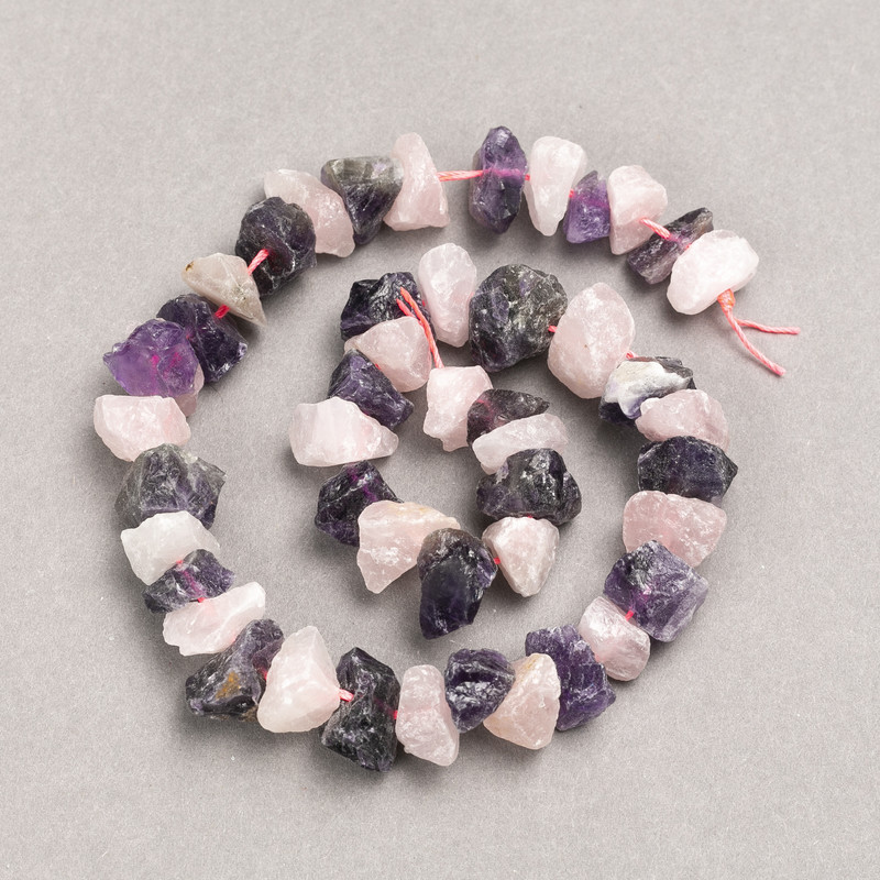 Naturstein-Perlen auf der Schnur, assortiert Amethyst + Rosenquarz, facettierte Perlen, Durchmesser 13 x 8 mm (±), Länge 41 cm