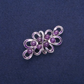 Brosche mit Amethyst und violetter Emaille, silberfarbenes Metall 30×57 mm