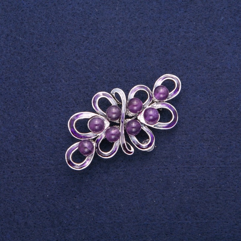 Brosche mit Amethyst und violetter Emaille, silberfarbenes Metall 30×57 mm