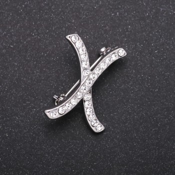 Brosche Initial X mit weißen Strasssteinen, Metallfarbe Grau, 27×21 mm