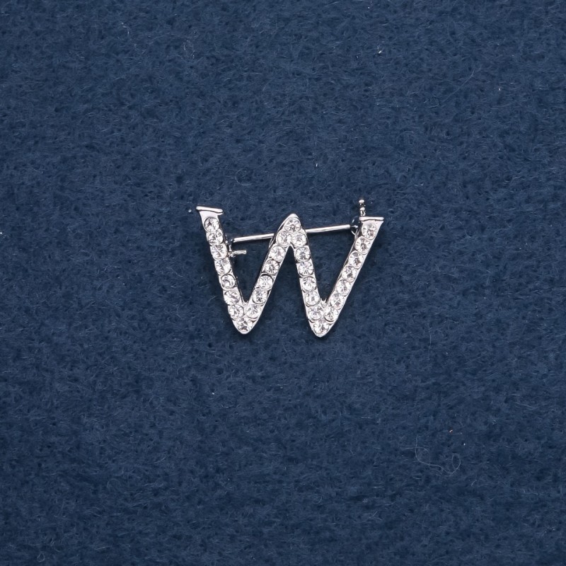Brosche mit Initial W, Buchstabe, 29 × 20 mm, Metallfarbe Silber