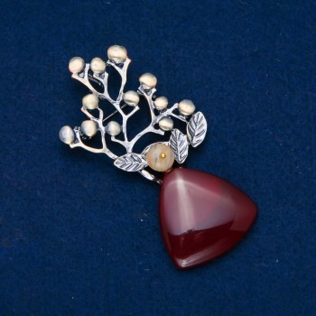 Brosche mit Karneol, 74×32 mm, mit einer Perle, silberfarbenes Metall mit goldfarbenem Überzug