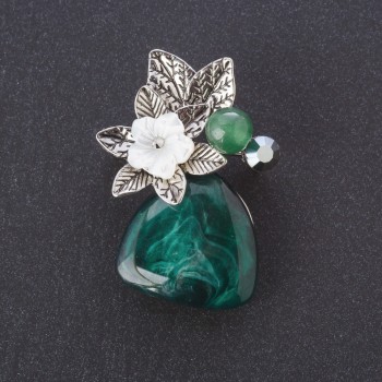 Brosche Flora Perlmuttblume, Nephrit-Perle, Cabochon Achat silberfarbenes Metall