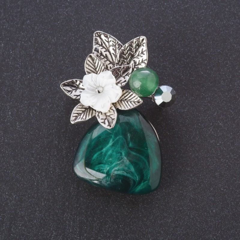 Brosche Flora Perlmuttblume, Nephrit-Perle, Cabochon Achat silberfarbenes Metall