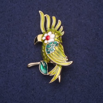 Brosche Papagei, emailliert, grün-weiß, 50 × 30 mm, goldfarbenes Metall