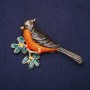 Brosche Vogel am Zweig Emaille orange grün schwarz 69×48 mm goldfarbenes Metall